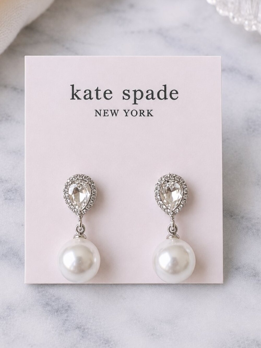 Kate Spade Pearl Crystal Drop Earrings Silver Teardrop Bridal Wedding Earrings